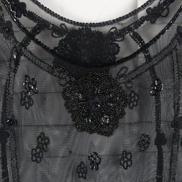 STERLING STYLES VINTAGE BLACK SLEEVELESS SHEER BEADED OVERLAY SHIFT DRESS SIZE L - Picture 8 of 9